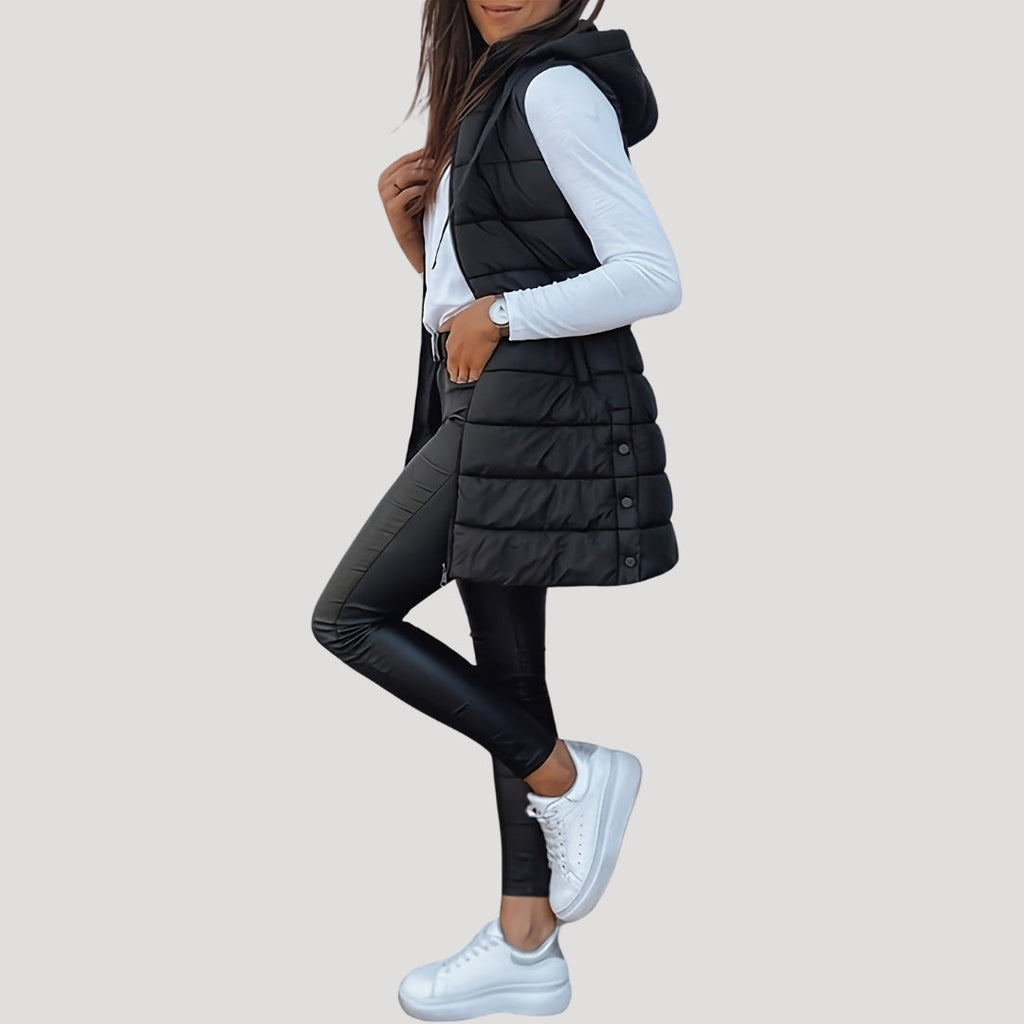 Women's Long Quilted Puffer Gilet with Hood
