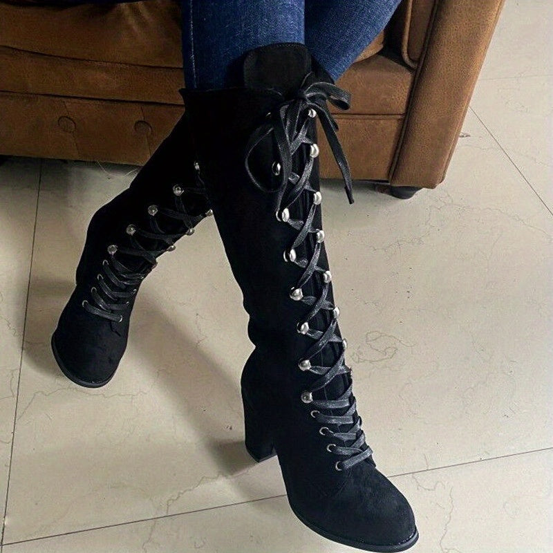 Women's Leg-Lengthening Chunky Heel Lace-Up Tall Boots