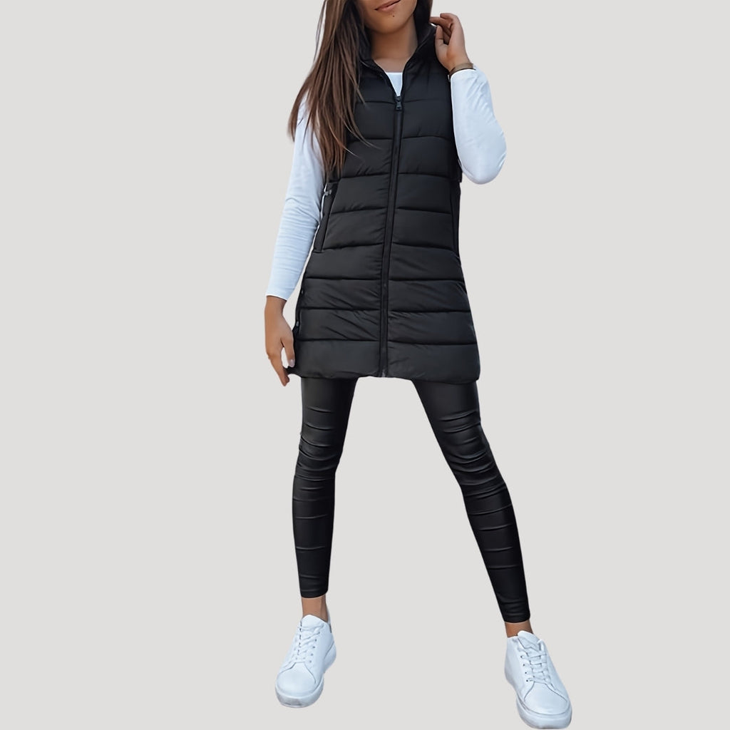 Women's Long Quilted Puffer Gilet with Hood