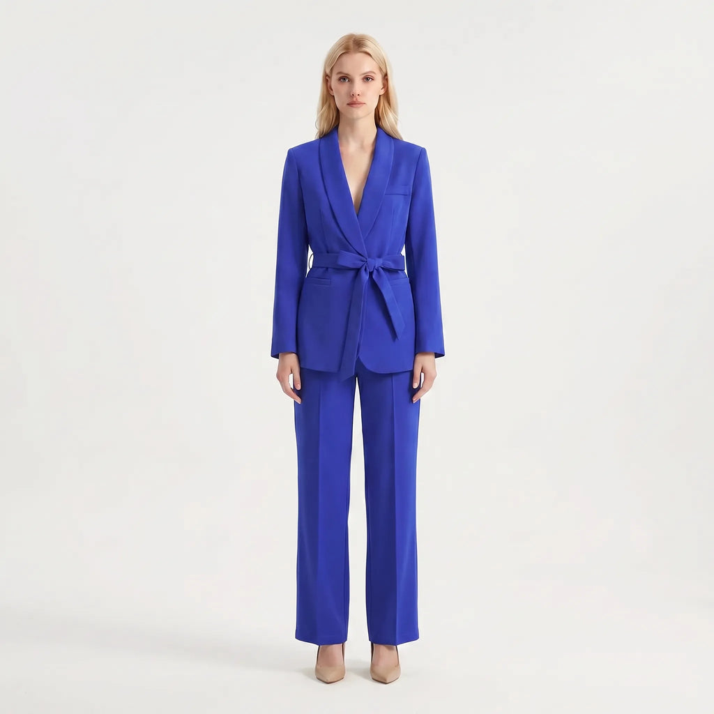 Women's Feminine Flowing Wide-Leg Pants Belted Suit Set