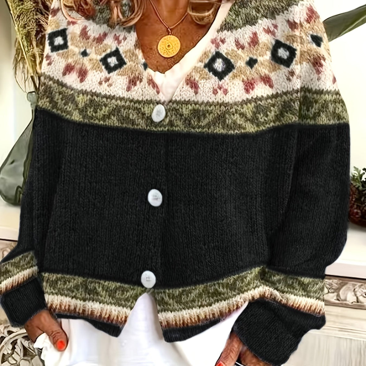 Women's Soft Knit Cardigan Sweater with Geometric Yoke Design