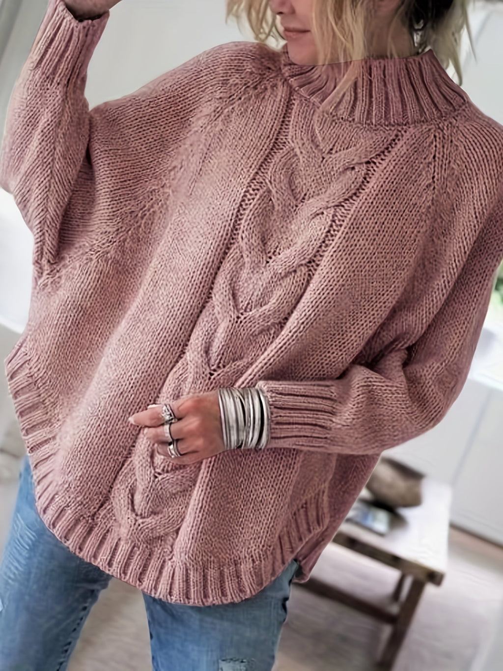 Women's Cozy Cable-Knit Turtleneck Relaxed Sweater