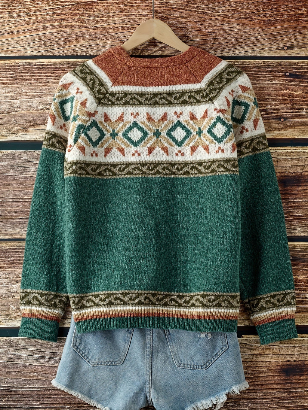 Women's Soft Knit Cardigan Sweater with Geometric Yoke Design