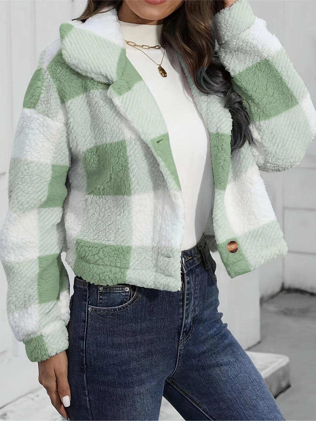 Women's Soft Plaid Cropped Button-Down Jacket
