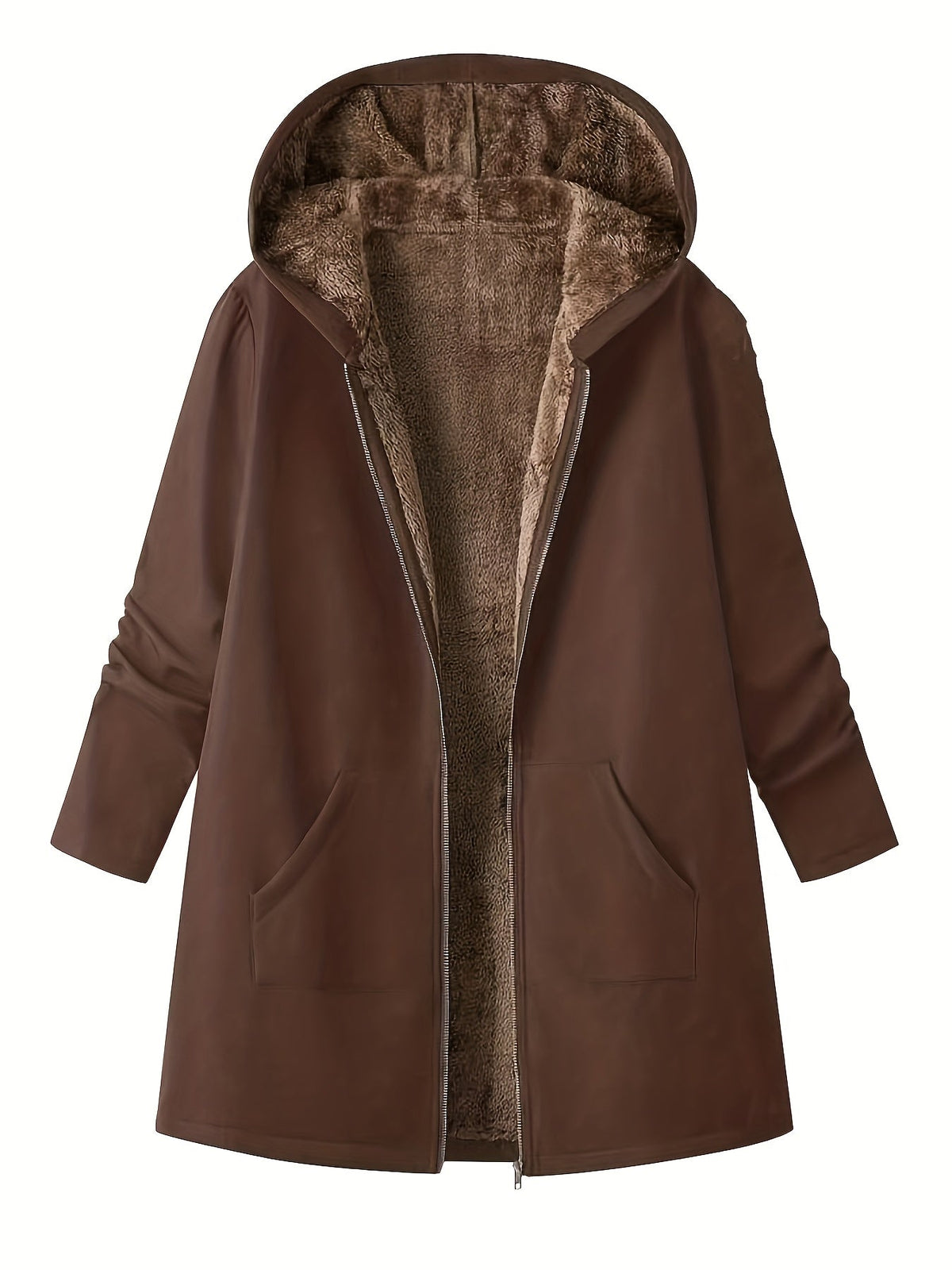 Women's Longline Zip-Front Coat with Soft Plush Hood