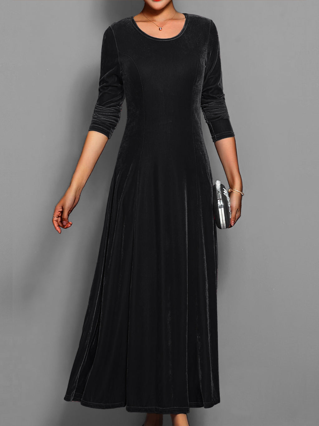 Women's Formal Event Velvet-Look Maxi Dress with Sleeves