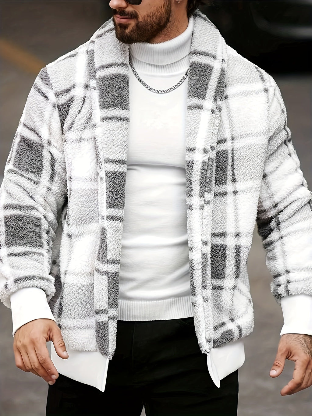 Men's Cozy Plaid-Look Loose-Fit Brushed Jacket