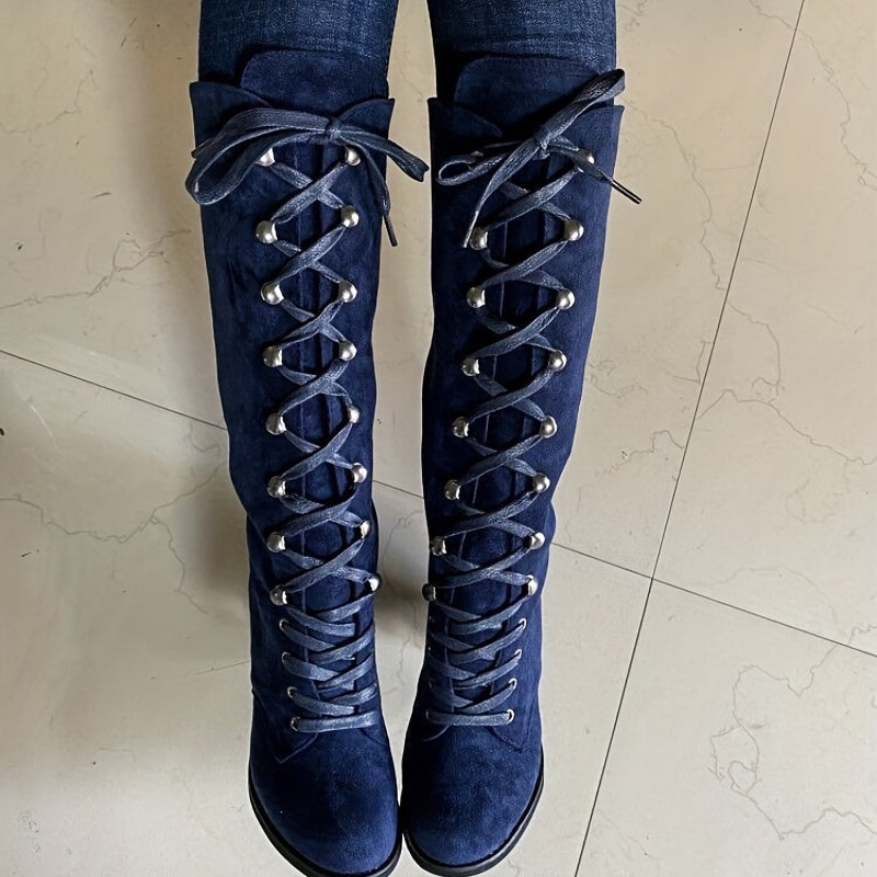 Women's Leg-Lengthening Chunky Heel Lace-Up Tall Boots
