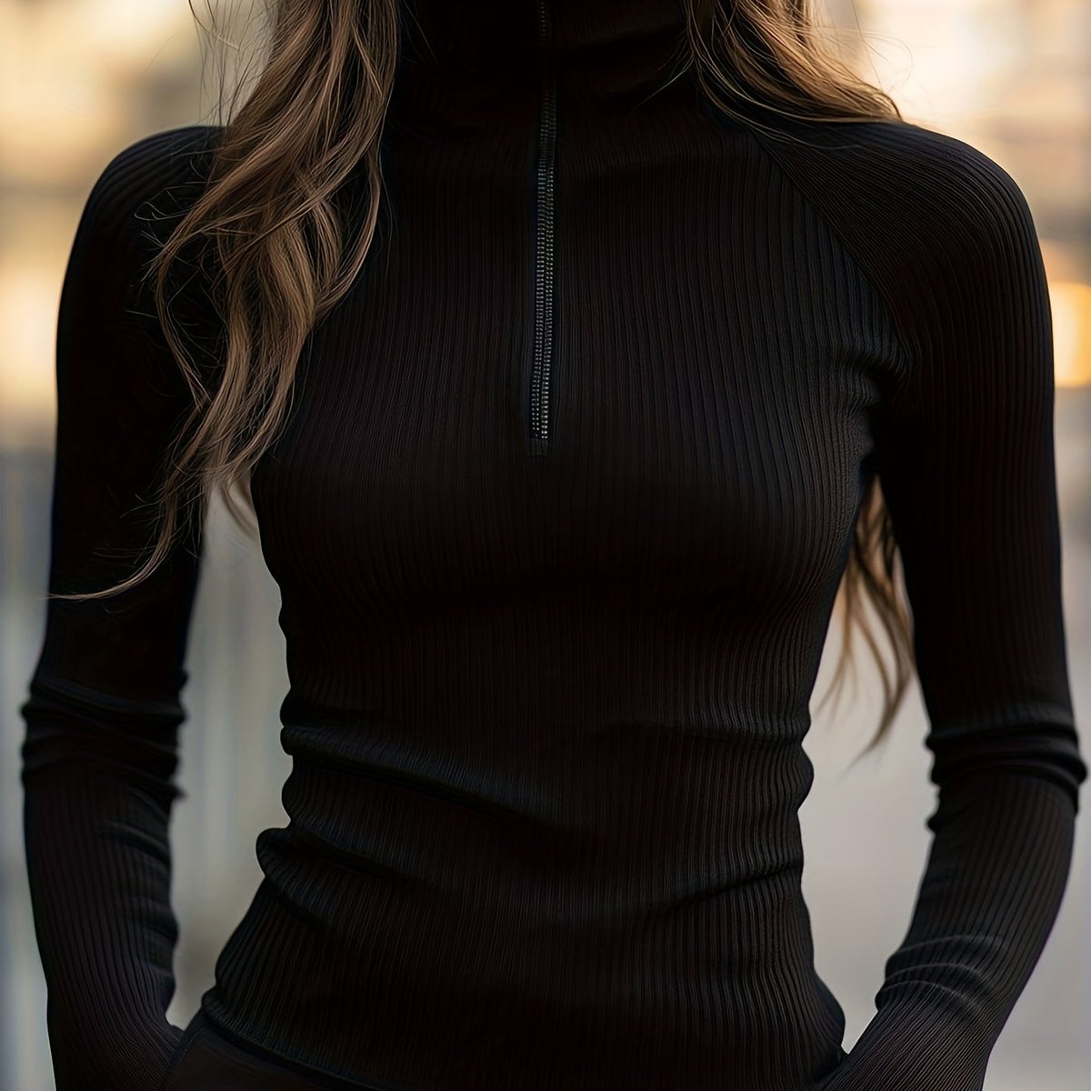 Women's Smooth Half-Zip Turtleneck Ribbed Knit Top