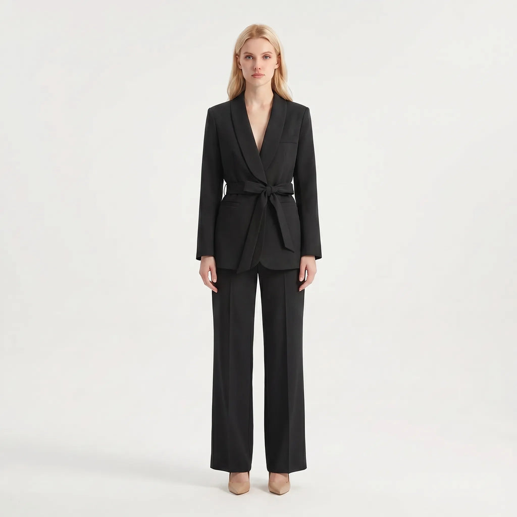 Women's Feminine Flowing Wide-Leg Pants Belted Suit Set