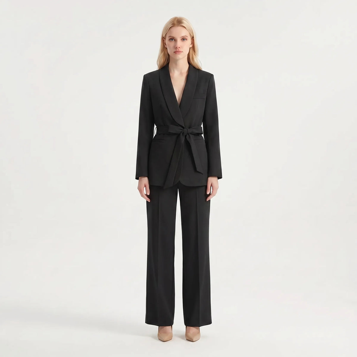 Women's Feminine Flowing Wide-Leg Pants Belted Suit Set