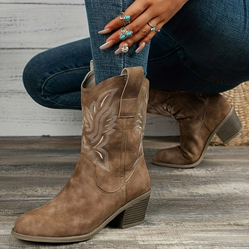 Women's Stacked Heel Wide Calf Embroidered Cowgirl Boots
