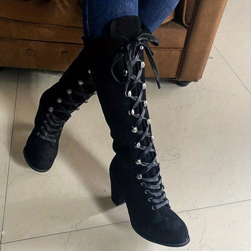 Women's Leg-Lengthening Chunky Heel Lace-Up Tall Boots
