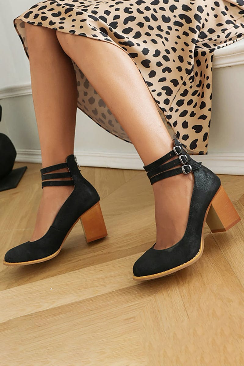 Women's Three-Strap Buckled Heeled Ankle Booties