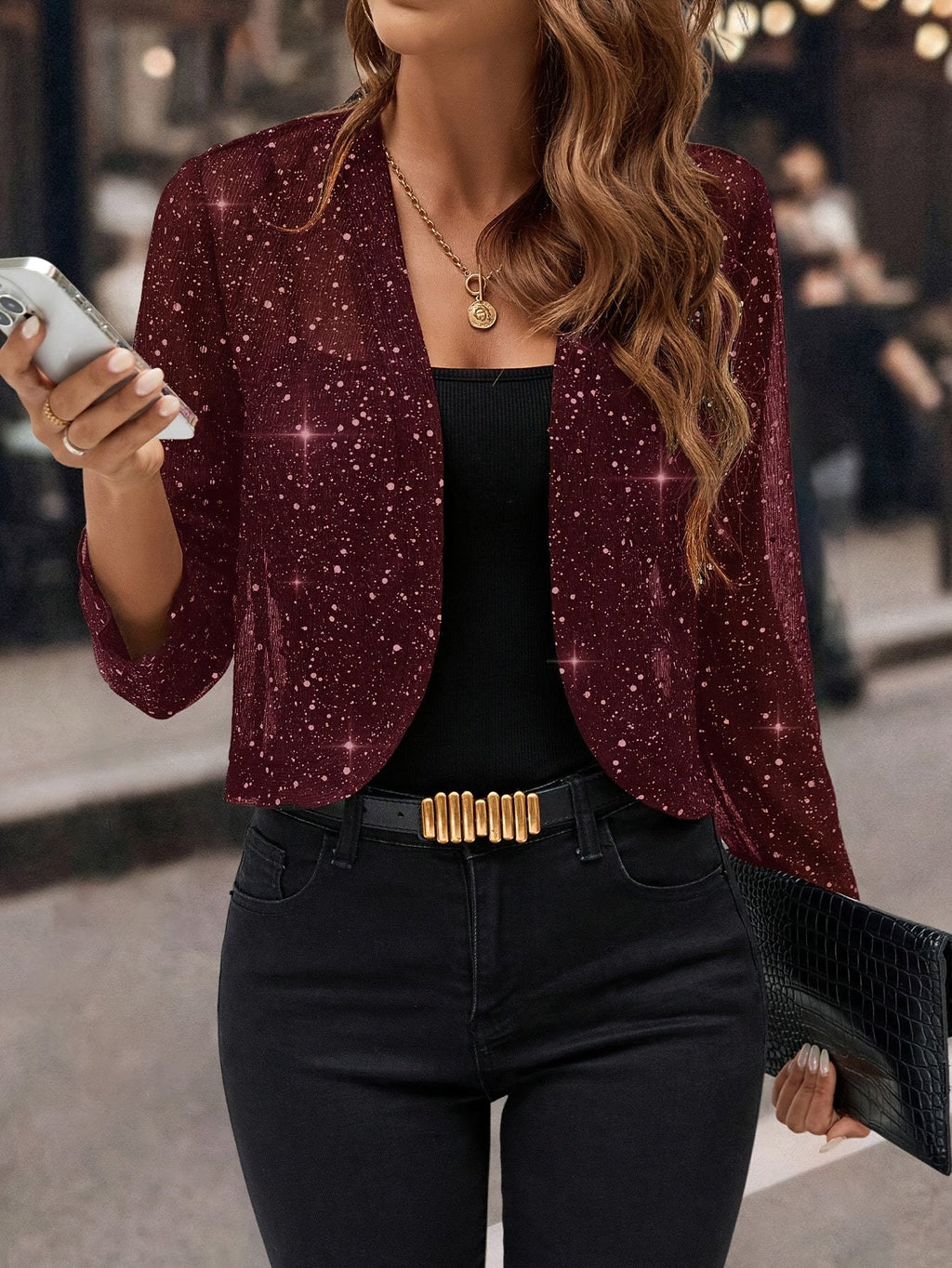 Women's Open-Front Cropped Jacket with Shimmer Finish