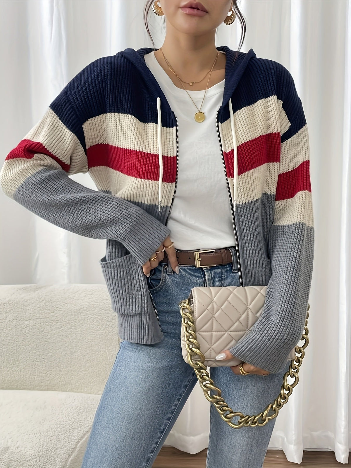 Women's Zip-Up Ribbed Hoodie Sweater Cardigan