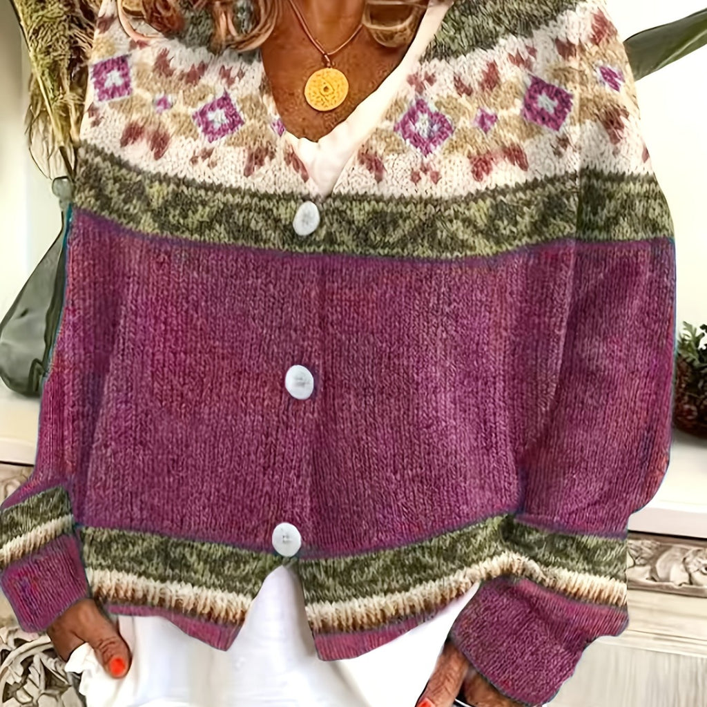 Women's Soft Knit Cardigan Sweater with Geometric Yoke Design