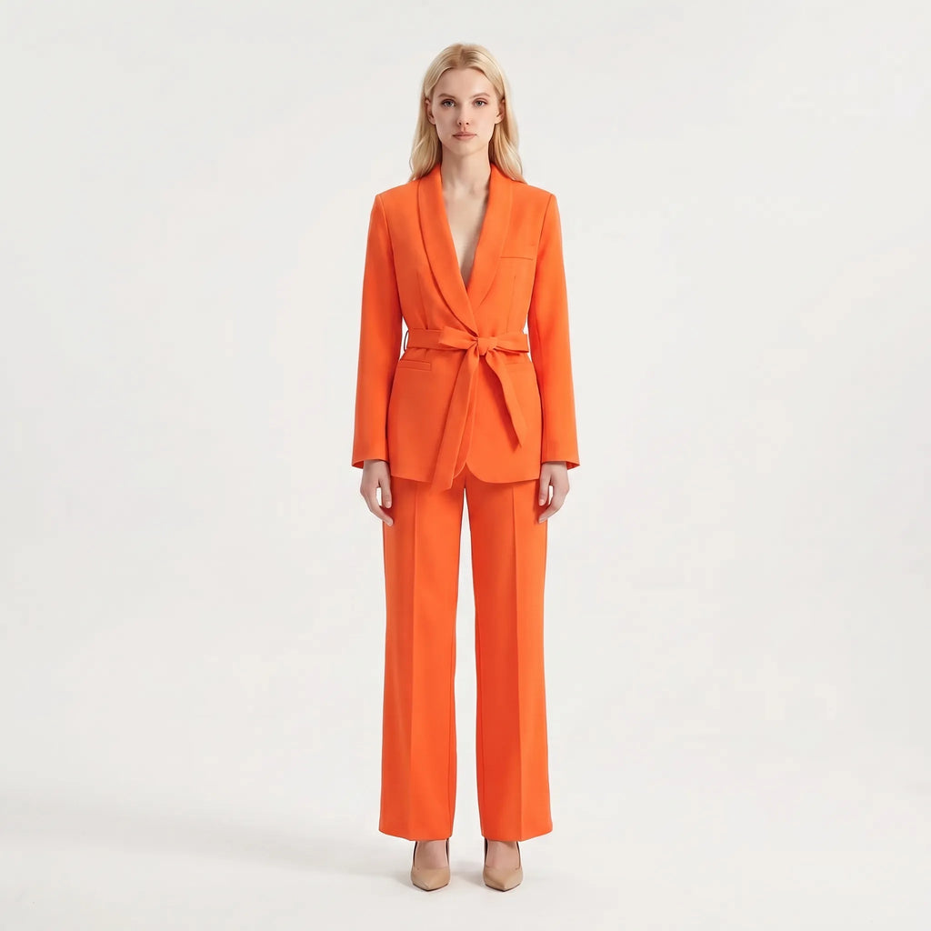 Women's Feminine Flowing Wide-Leg Pants Belted Suit Set