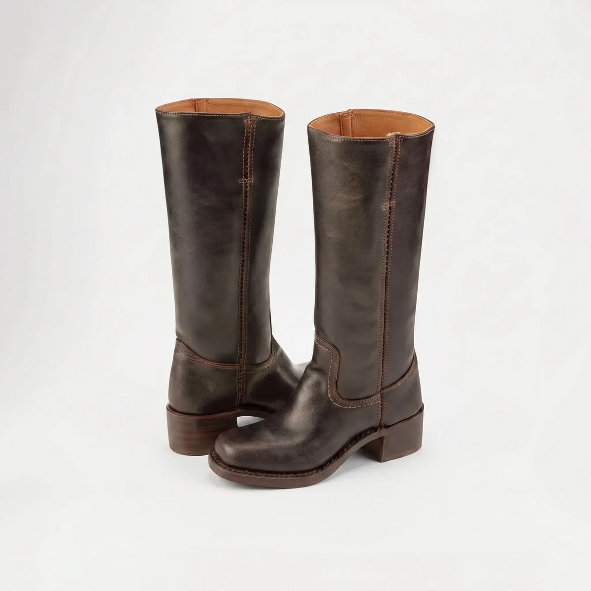 Women's Smooth Shaft Knee High Leather Boots, Square Toe