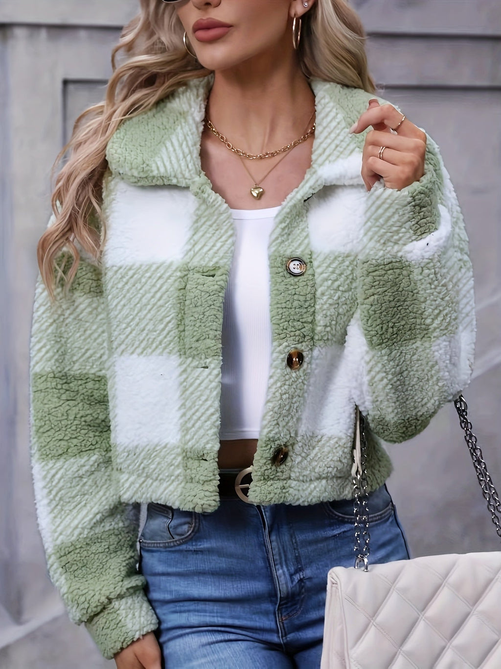 Women's Soft Plaid Cropped Button-Down Jacket