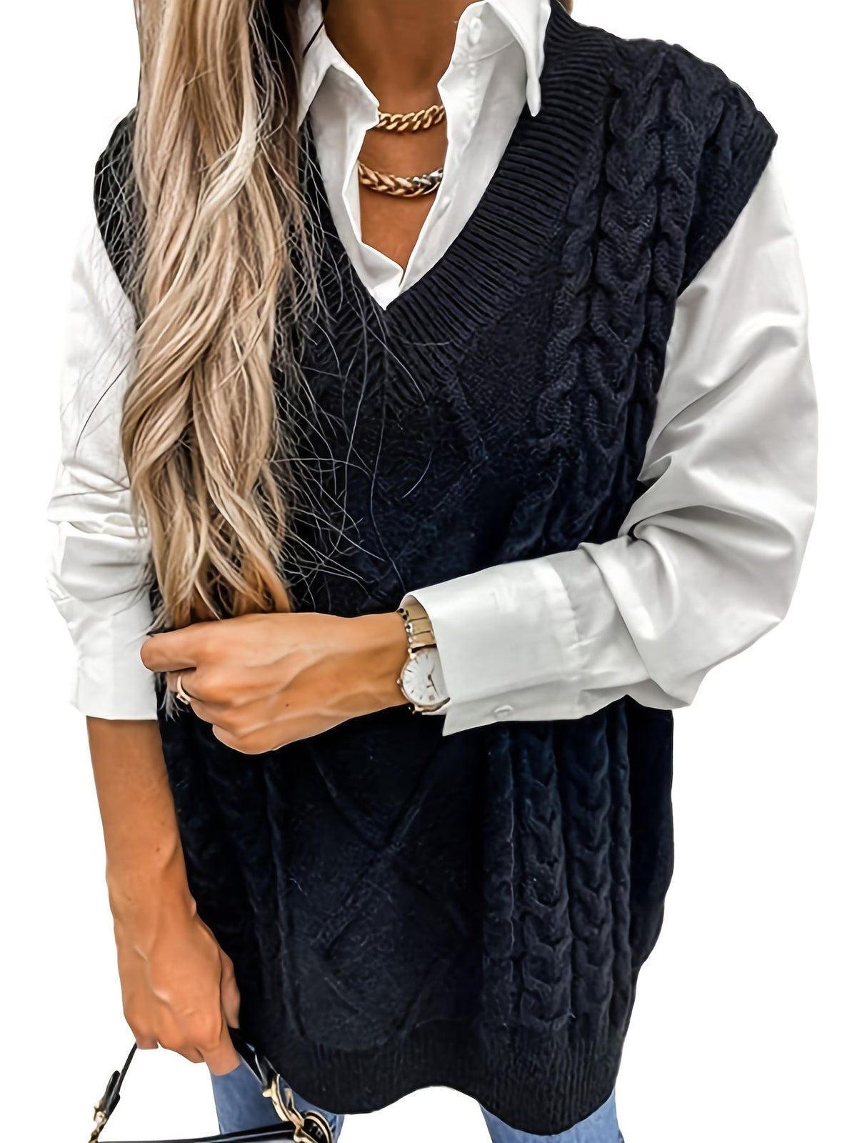 Women's Layering Knit Vest with Cable Pattern