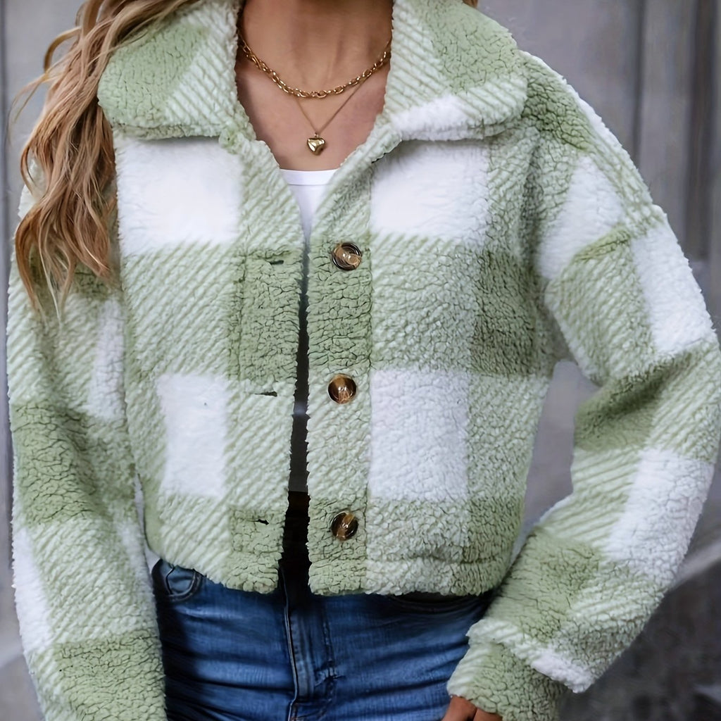 Women's Soft Plaid Cropped Button-Down Jacket