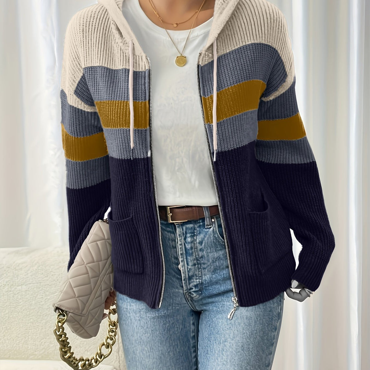 Women's Zip-Up Ribbed Hoodie Sweater Cardigan