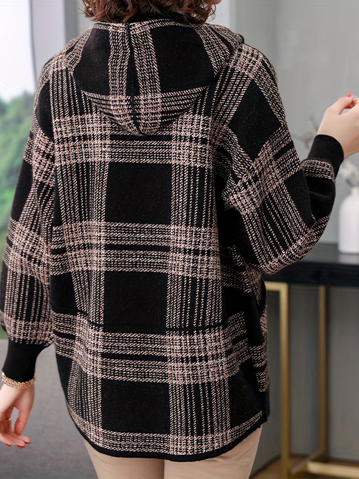 Women's Relaxed Check Print Hooded Zipper Jacket