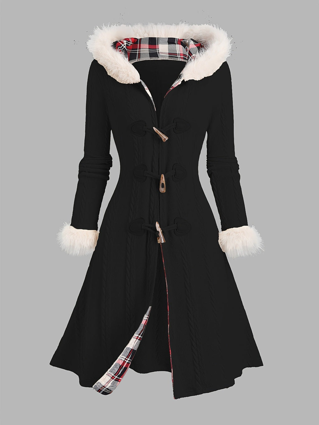 Women's Long Hooded Toggle Parka with Fur Trim