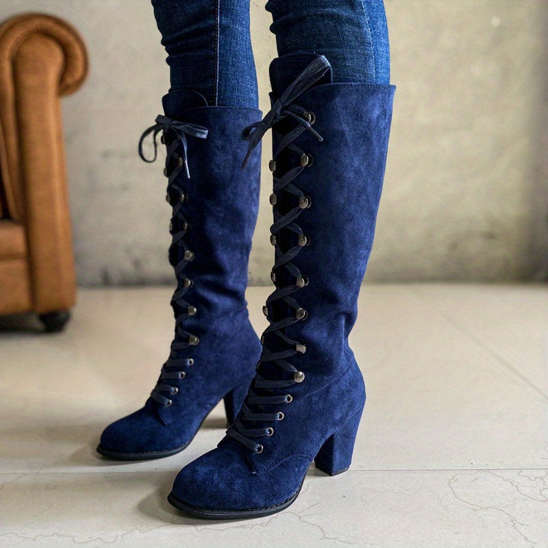 Women's Leg-Lengthening Chunky Heel Lace-Up Tall Boots