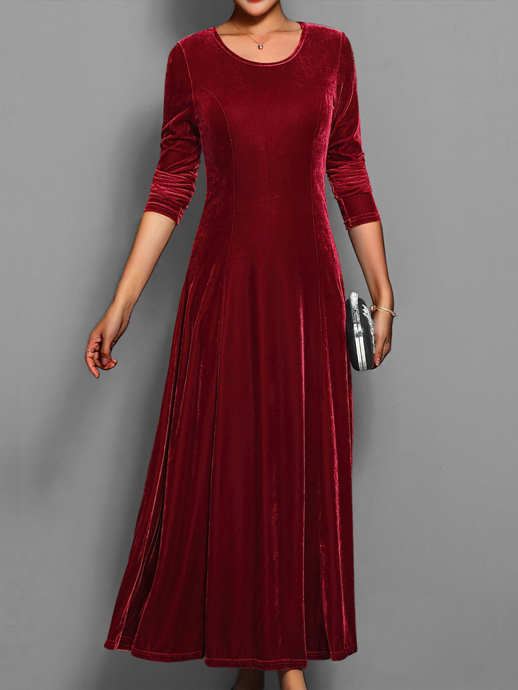 Women's Formal Event Velvet-Look Maxi Dress with Sleeves