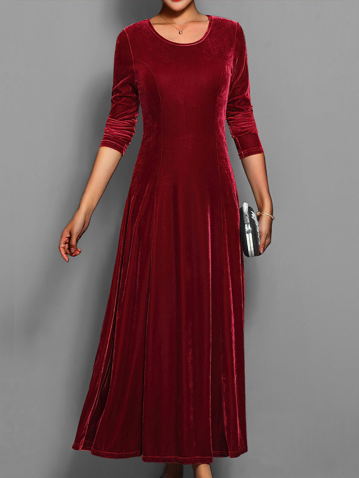 Women's Formal Event Velvet-Look Maxi Dress with Sleeves