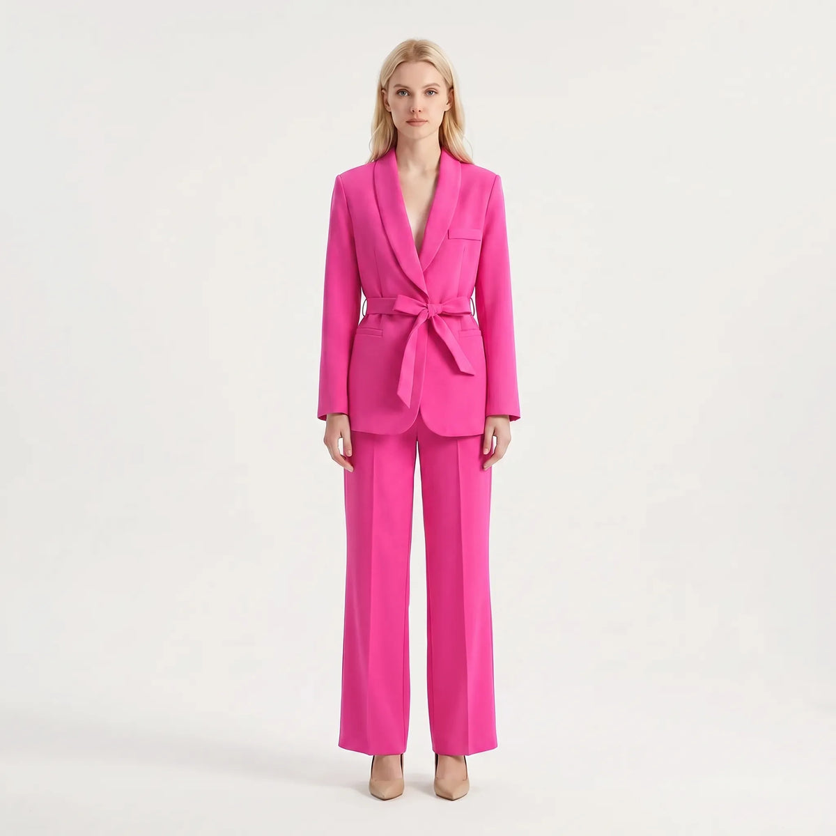 Women's Feminine Flowing Wide-Leg Pants Belted Suit Set