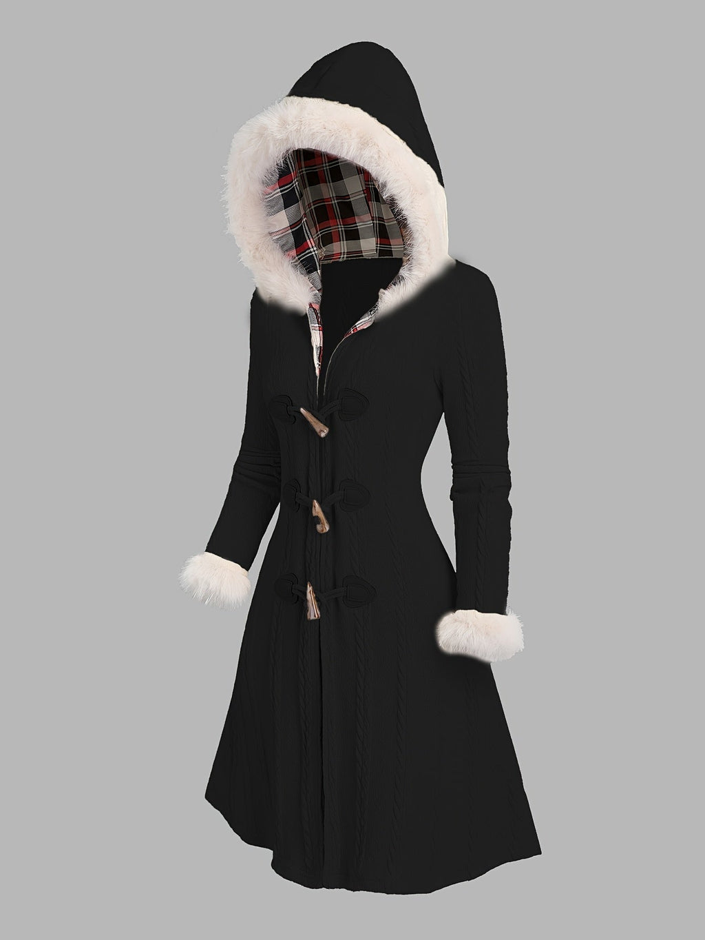 Women's Long Hooded Toggle Parka with Fur Trim