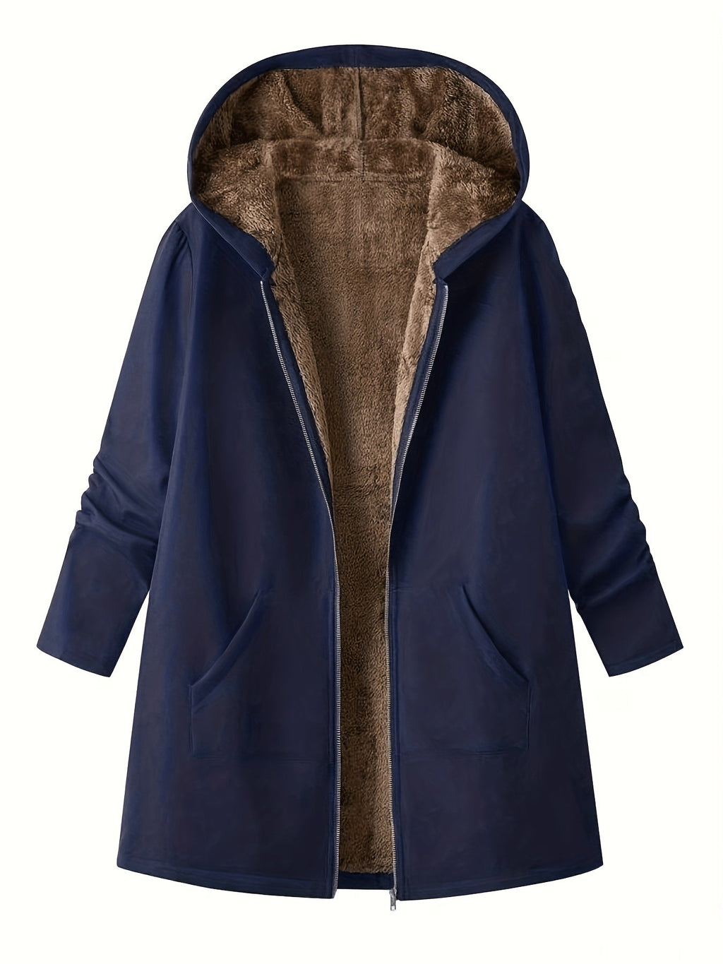 Women's Longline Zip-Front Coat with Soft Plush Hood