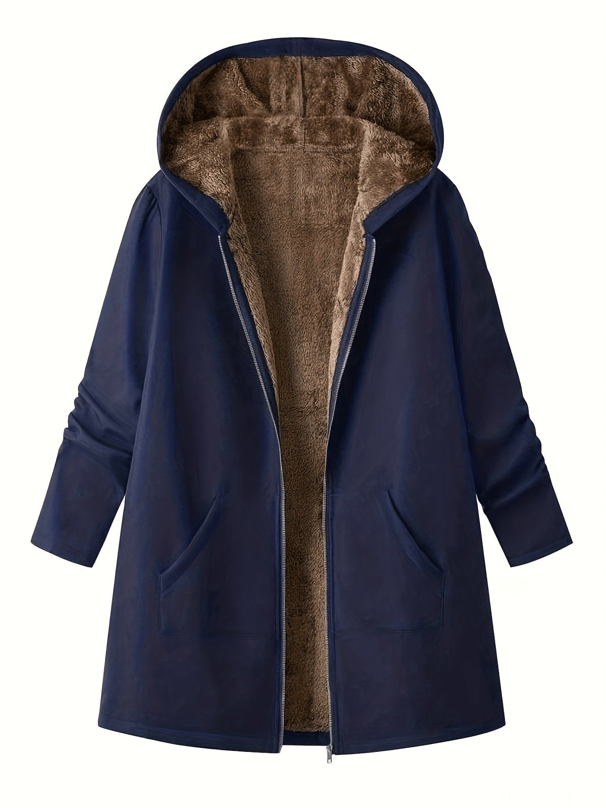 Women's Longline Zip-Front Coat with Soft Plush Hood