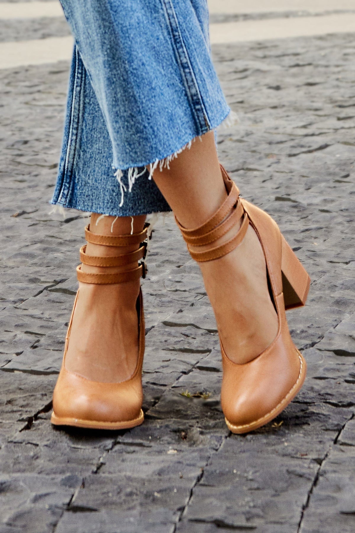 Women's Three-Strap Buckled Heeled Ankle Booties