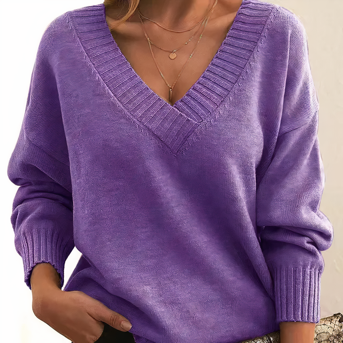 Women's Relaxed Deep V-Neck Sweater with Puffed Sleeves