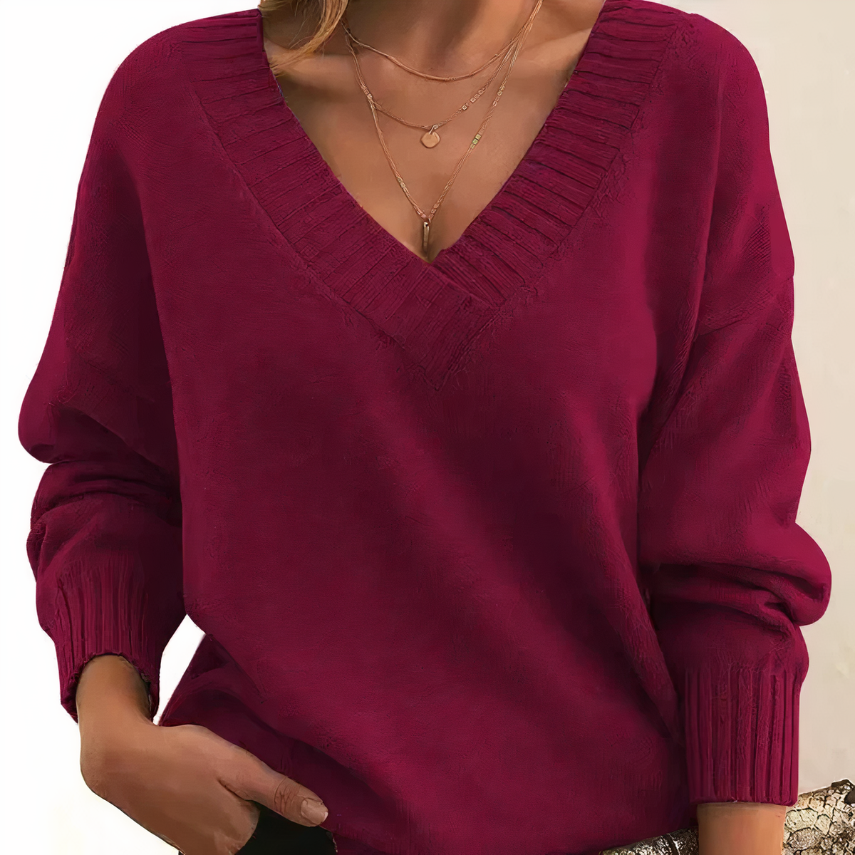 Women's Relaxed Deep V-Neck Sweater with Puffed Sleeves