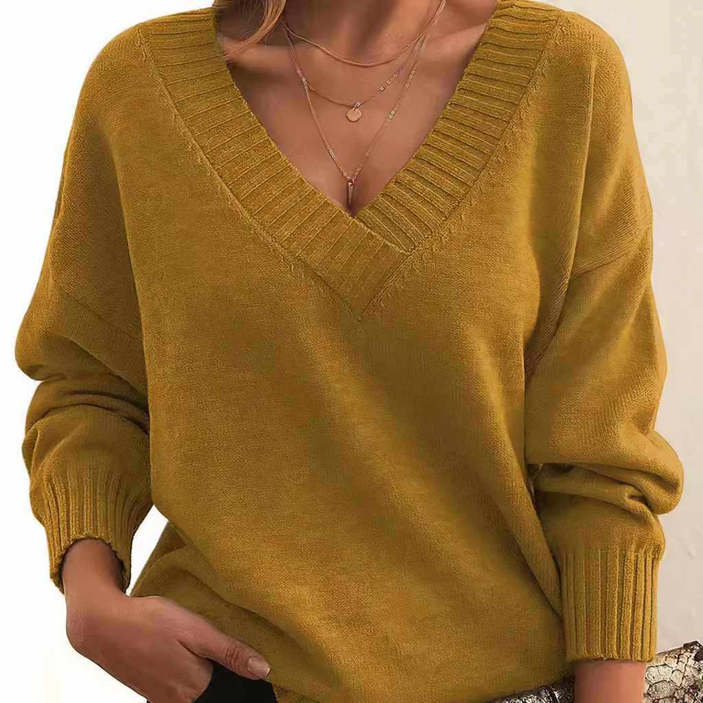 Women's Relaxed Deep V-Neck Sweater with Puffed Sleeves