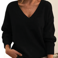 Women's Relaxed Deep V-Neck Sweater with Puffed Sleeves