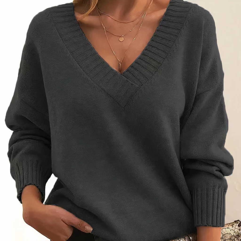 Women's Relaxed Deep V-Neck Sweater with Puffed Sleeves