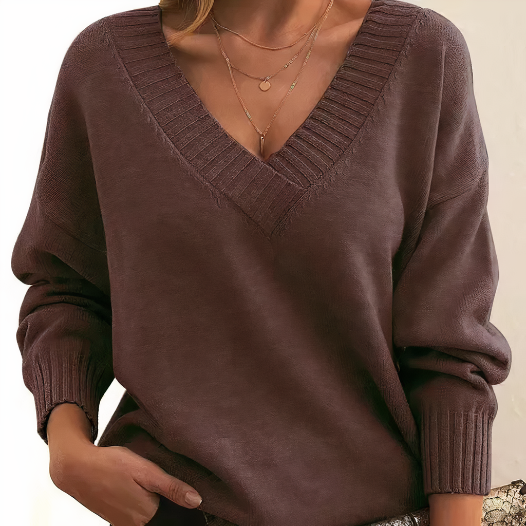 Women's Relaxed Deep V-Neck Sweater with Puffed Sleeves