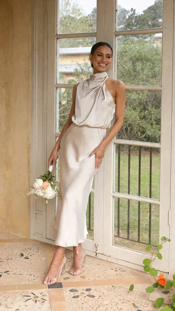 Women's Elegant Halter Neck Midi Dress in Satin