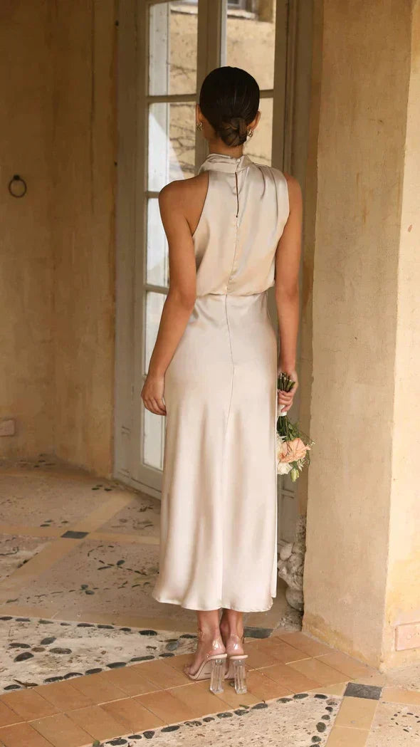 Women's Elegant Halter Neck Midi Dress in Satin