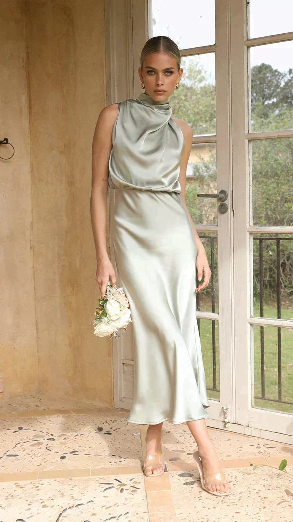 Women's Elegant Halter Neck Midi Dress in Satin