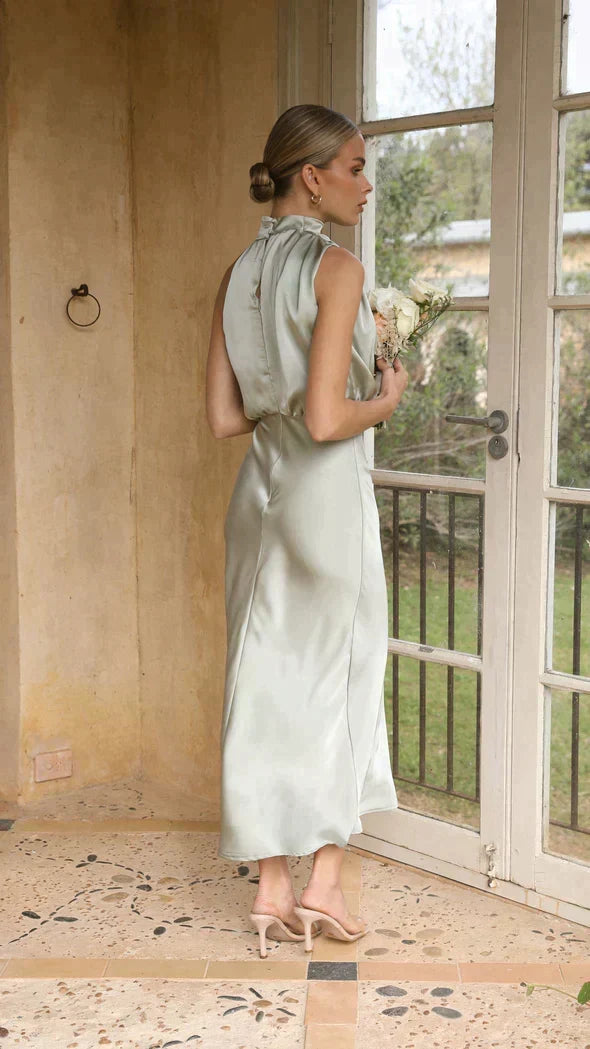 Women's Elegant Halter Neck Midi Dress in Satin