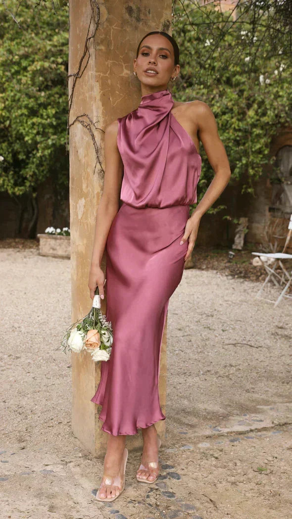 Women's Elegant Halter Neck Midi Dress in Satin