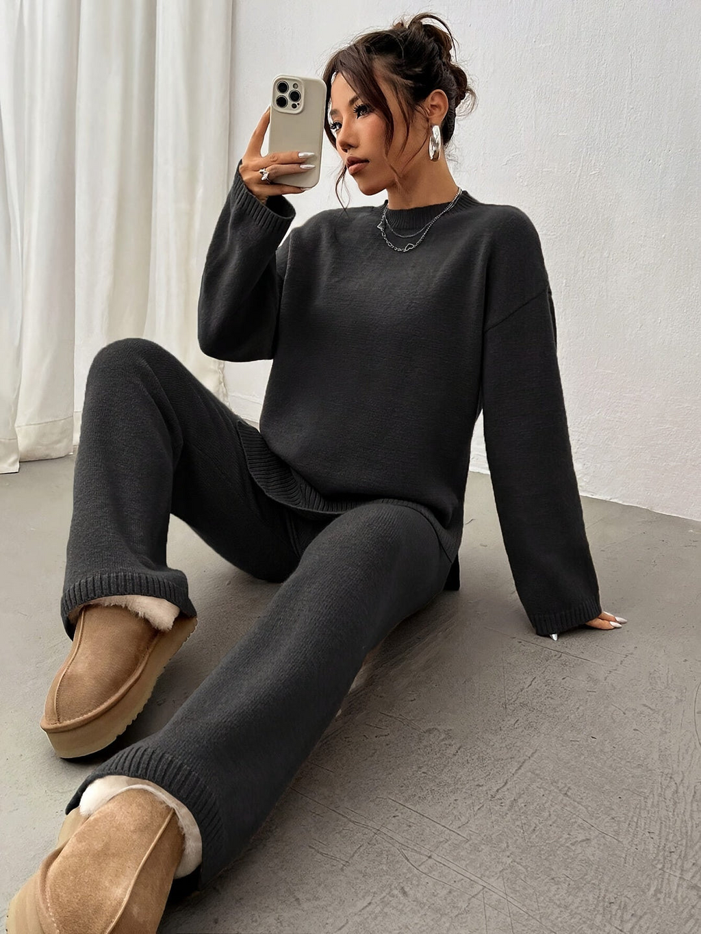 Women's Oversized Ribbed Knit Lounge Pullover Set