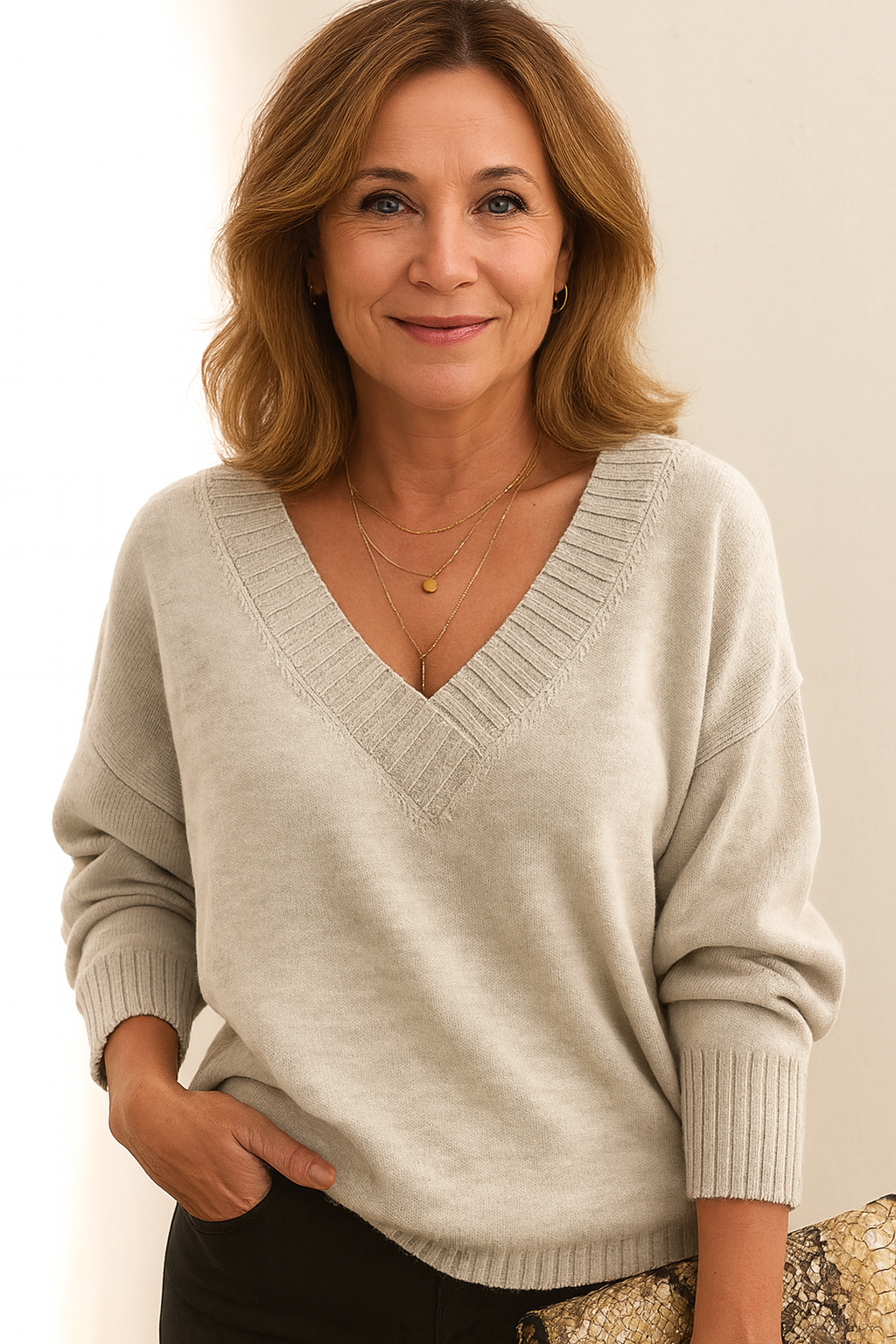 Women's Relaxed Drape V Neckline Knit Pullover